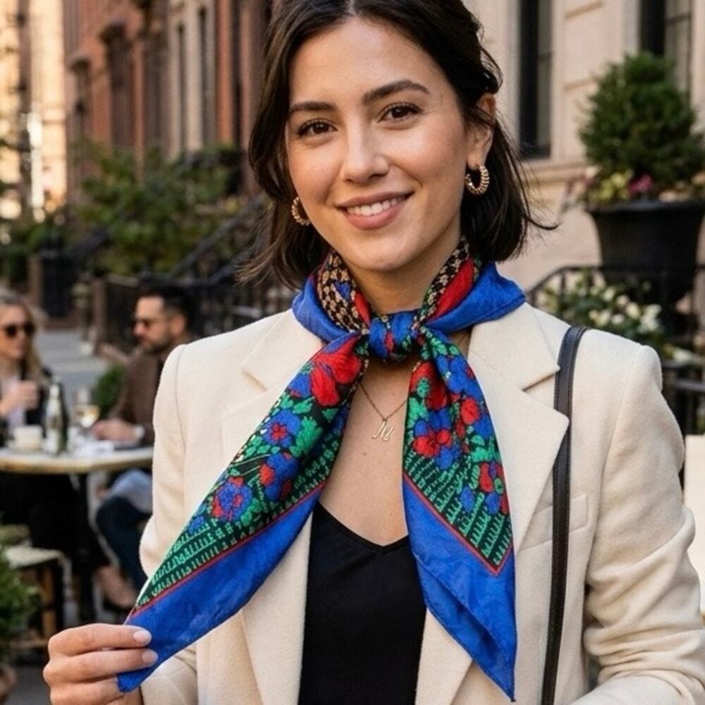 Vintage 90's Vibrant Floral and Houndstooth Printed Square Silk Scarf